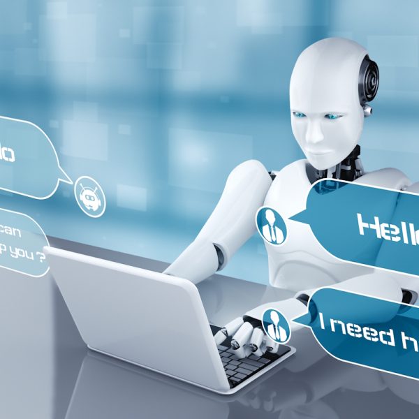 AI robot using computer to chat with customer. Concept of chat bot service providing help and smart information in social media and e-commerce application. 3D rendering illustration.